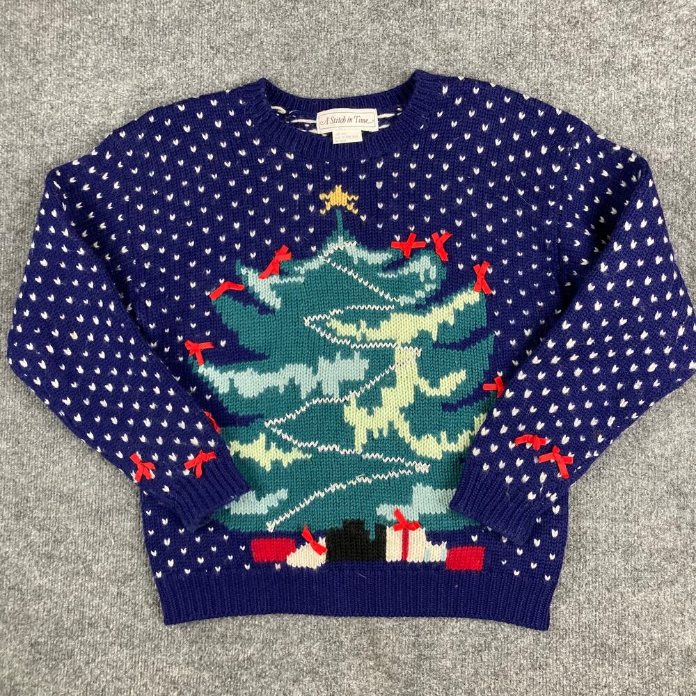 Vintage Christmas Sweater Womens M Navy Tree Knit Pullover Bows A Stitch in Time